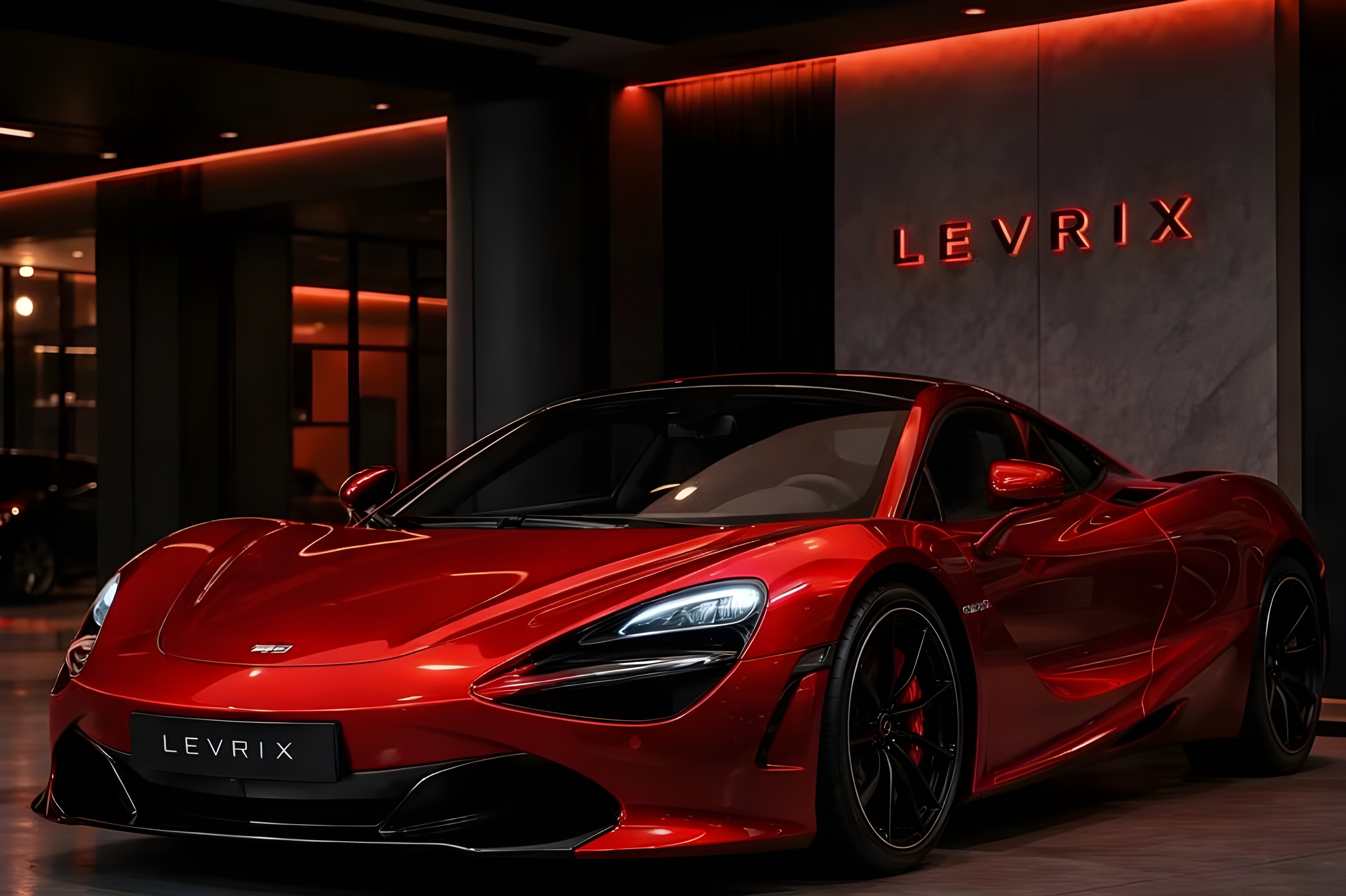 Red McLaren in luxury showroom