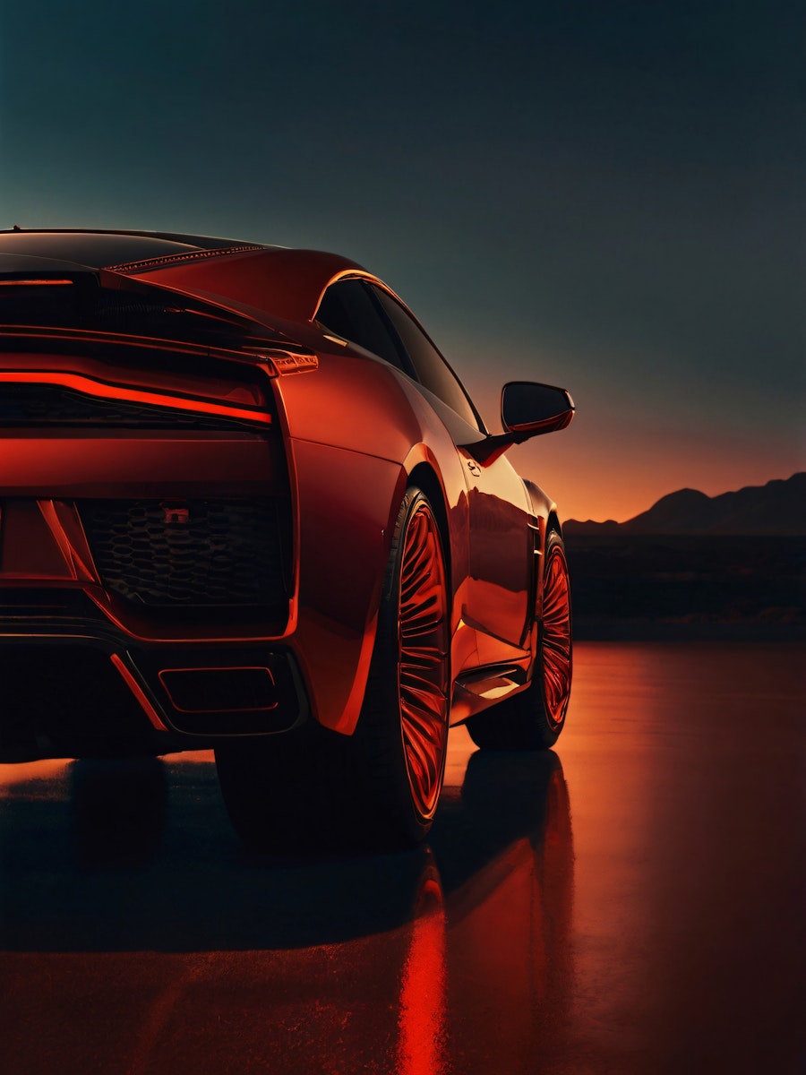 Rear view, red supercar at sunset